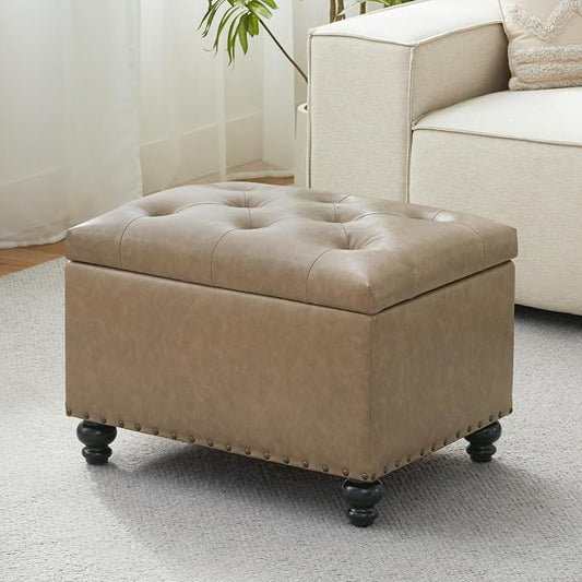 Zihanhome Leather Ottoman with Storage, Upholstered Button Tufted Ottoman Foot Rest, Foot Stools, 24" Rectangle Ottomans with Storage for Living Room, Bedroom, Dorms and Apartments (Taupe Brown-PU)
