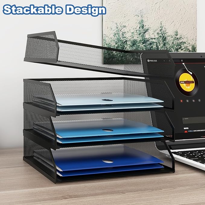 Natwind 4-Tier Stackable Metal Mesh Paper Organizer with Sliding Tray,Black | Desk Organizer for Office Supplies, Letter Tray For Desktop,File Holder For Home School Classroom Organization