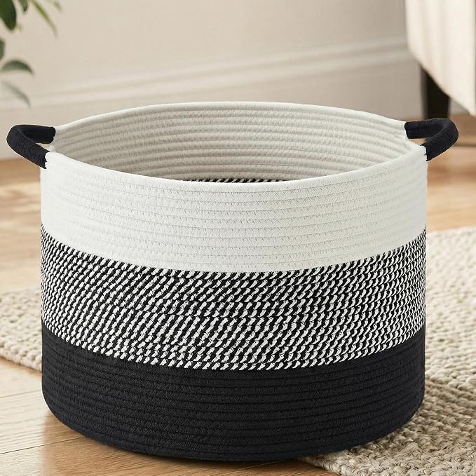 Artfeel 40L Large Cotton Rope Basket, Decorative Woven Blanket Storage for Living Room, Boho Toy Storage & Toy Box for Kids, Versatile Laundry Basket & Nursery Hamper for Blankets(Black)