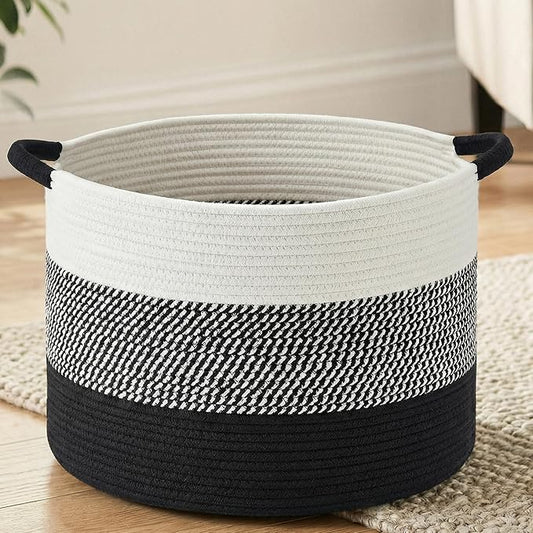Artfeel 70L Large Cotton Rope Basket, Decorative Woven Blanket Storage for Living Room, Boho Toy Storage & Toy Box for Kids, Versatile Laundry Basket & Nursery Hamper for Blankets(Black)