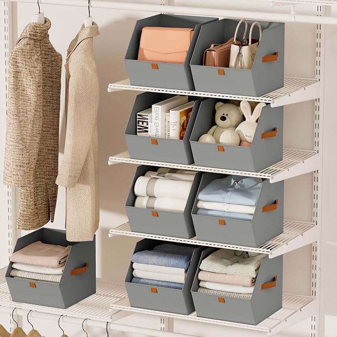 Homsorout Fabric Closet Storage Cubes - 8 Pack Square Storage Bins with Dual Handles for Clothes, Towels, Toys, Cube Storage Organizers for Bedroom, Nursery, Shelves, Closet, Small Spaces, Grey