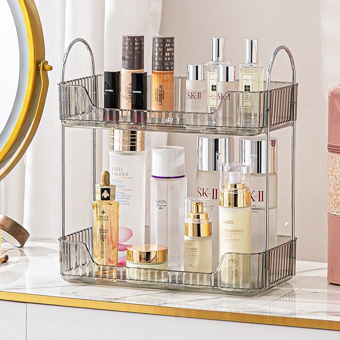 2 Tier Bathroom Counter Organizer Countertop Storage, Cosmetics Skincare Shelf Organizer, Makeup Organizer Perfume for Dresser Vanity Tray, Spice Rack Organizer for Kitchen (Grey)