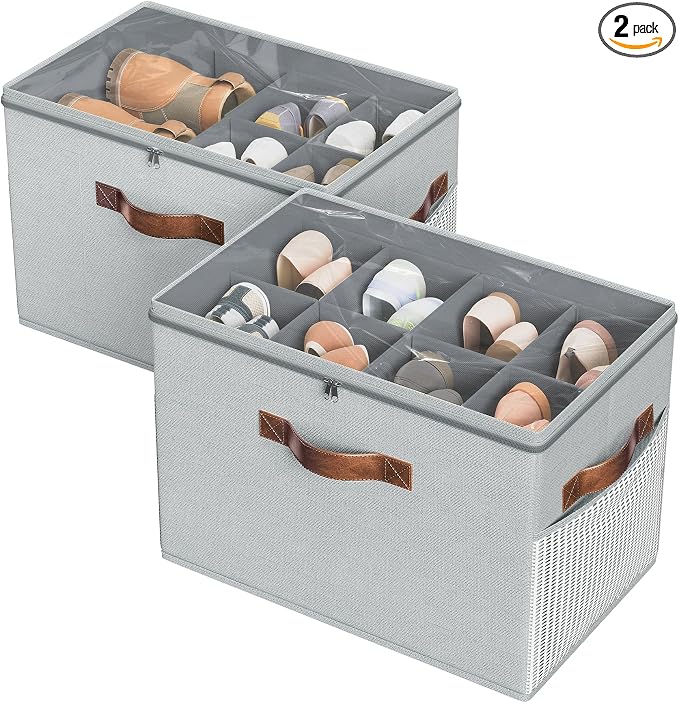 2 Pack Shoe Organizer for Closet, Foldable Shoe Storage with Adjustable | Farbic shoe storage organizer box bin with clear cover, fits up to 16 pairs, shoe storage box for closet, entryway, gray
