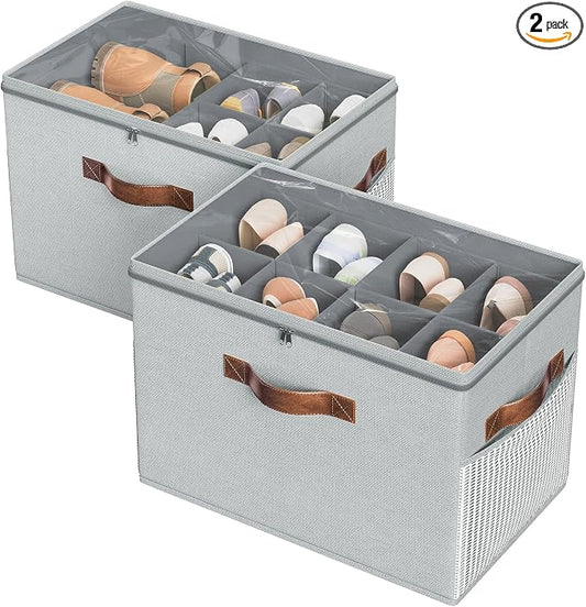 2 Pack Shoe Organizer for Closet, Foldable Shoe Storage with Adjustable | Farbic shoe storage organizer box bin with clear cover, fits up to 16 pairs, shoe storage box for closet, entryway, gray