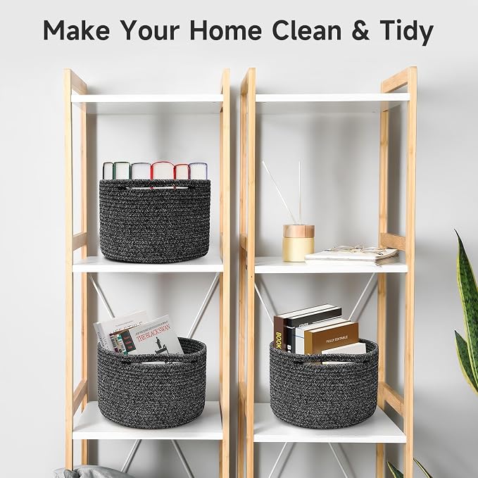 3 Pack Small Rope Storage Baskets, 9.82×9.82×7.1", Black | Cotton Basket for Gifts Empty, Cute Round Woven Basket, Decorative Shelf Basket Organizer, Organizing Basket for Shelves