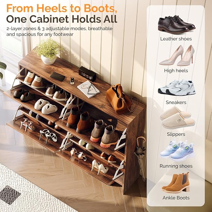 VINGLI Walnut Shoe Cabinet for Entryway, Slim Rustic Shoe Storage Cabinet with 4 Flip Drawers, Mid-Century Modern Wood Shoe Rack Organizer, Narrow Farmhouse Cupboard, Dark Brown, 42 Inch