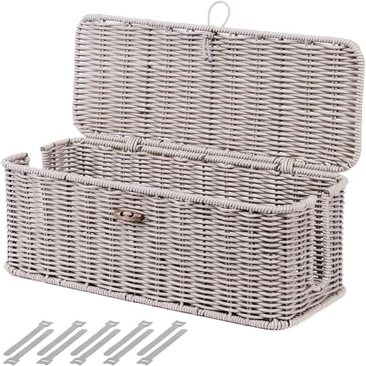 BROWNLILY Cable Management Box, Rattan Style Cord Organizer for Desk Cord Hider Outlet Covers for Power Strip TV PC Router Charger Under Desk Storage with Lockable Lid and Cable Ties