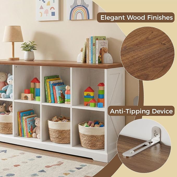 IRONCK 8 Cube Storage Organizer, Farmhouse Wooden Bookshelf with Storage | White finish, anti-tip design, wooden cube bookshelf unit for bedroom, living room, home office, display storage