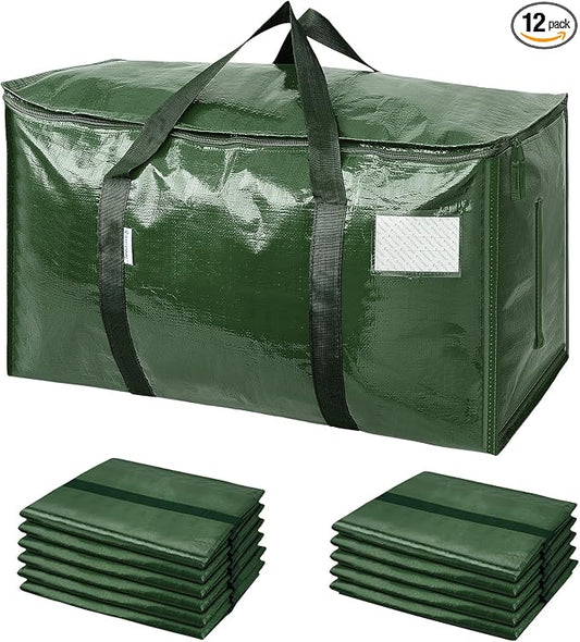 TICONN 12 Pack Extra Large Moving Bags Heavy Duty with Zippers & Carrying Handles, Durable Storage Bags Moving Boxes for Closet Organizers and Storage (12 Pack, Olive)