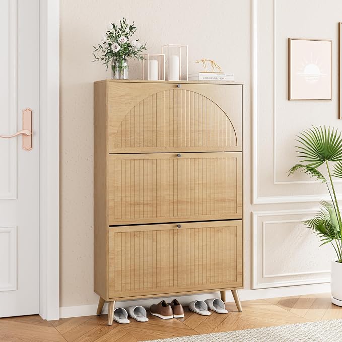 Fsbecl Shoe Storage Cabinet for Entryway with 3 Fluted Flip Drawers, Oak | Narrow Design, Freestanding Shoe Rack with Adjustment Shelves, Wooden Hidden Organizer for Hallway Foyer, 18-24 Pairs