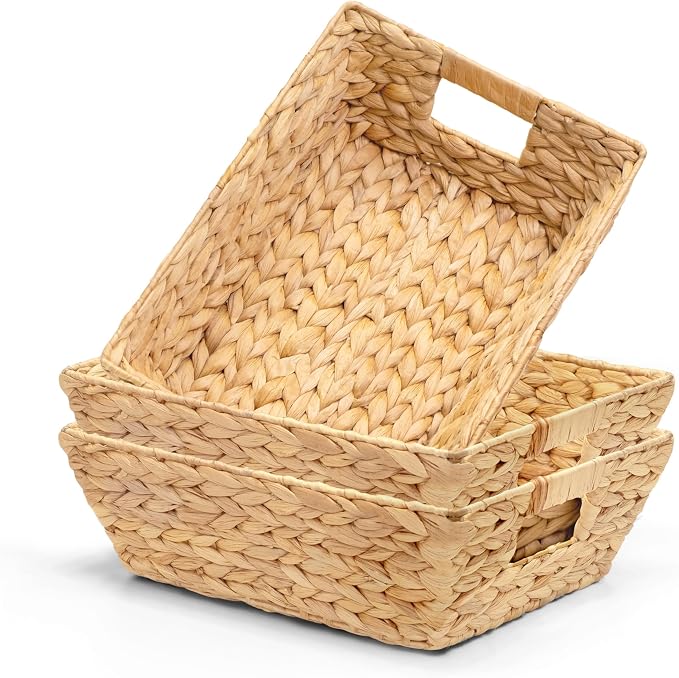 M4DECOR 3-Pack Water Hyacinth Trapezoid Wicker Storage Baskets, 14" | Handwoven natural bins with handles for snacks, pantry, kitchen, closet & shelf organization