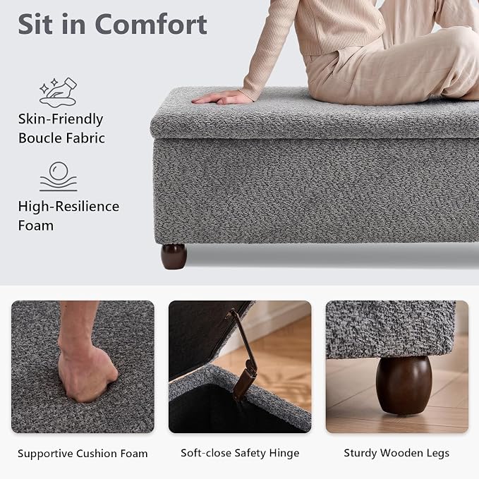 Boucle Storage Ottoman Bench, with Hidden Storage and Solid Wood Legs | Modern End of Bed Bench, Rectangle Footrest, Hidden Storage, Solid Wood Legs, Bedroom, Living Room and Entryway Use, Grey