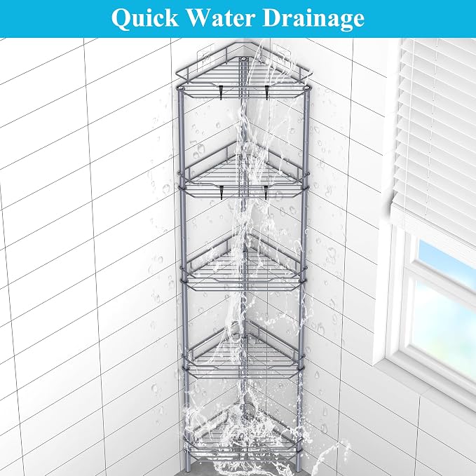 HuggieGems 5 Tier Floor Standing Corner Shower Caddy Organizer Shelf with Hooks, Bathroom Shelves Stand Rack, Dark Gray