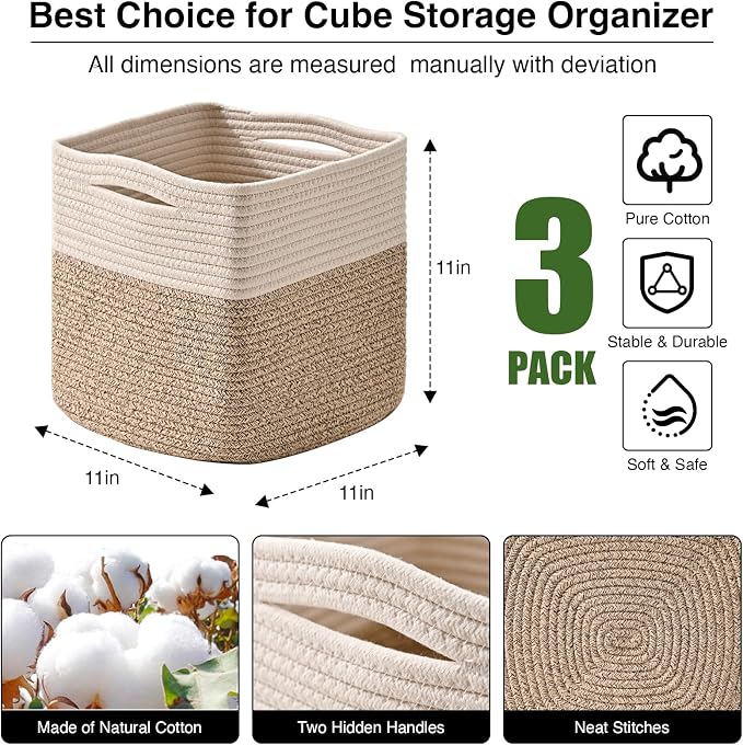 ICERZCZ 11 Inch Cube Storage Bins, Organizer Woven Cotton Rope Square Baskets for Organizing Shelves, Toys, Nursery, Off White & Brown (Pack of 3)