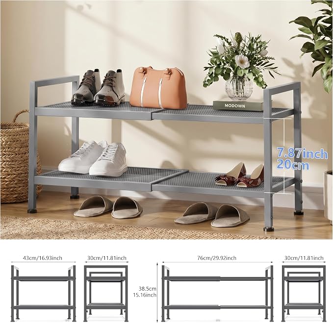 Shoe Rack, Expandable Shoe Rack for Closet, Adjustable Shoe Organizer for Entryway, Shoe Storage Organizer for Door Entrance, Garage, Bedroom (Grey, 2-Tier)