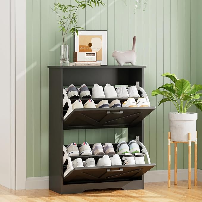 Homleke Farmhouse Shoe Cabinet for Entryway, 2 Barn-Style Flip Drawers | Narrow Shoe Storage Organizer, Top Display Shelf, Adjustable Shelves, Shoe Rack, for Hallway Closet, 24" Wide, Black