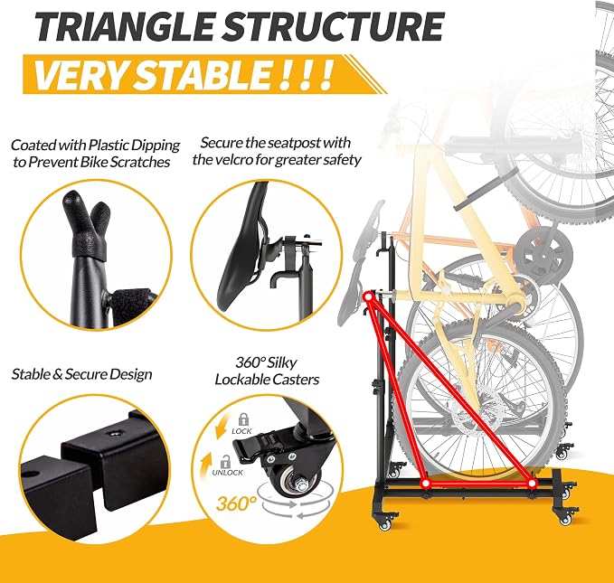 Bike Rack for Garage, Vertical Bike Stand (2 Pack), Fits bikes up to 29" | Freestanding Bike Stand With No Wall Mounting Or Drilling, Adjustable Height, Stores Up To 2 Bikes With Casters For Mobility