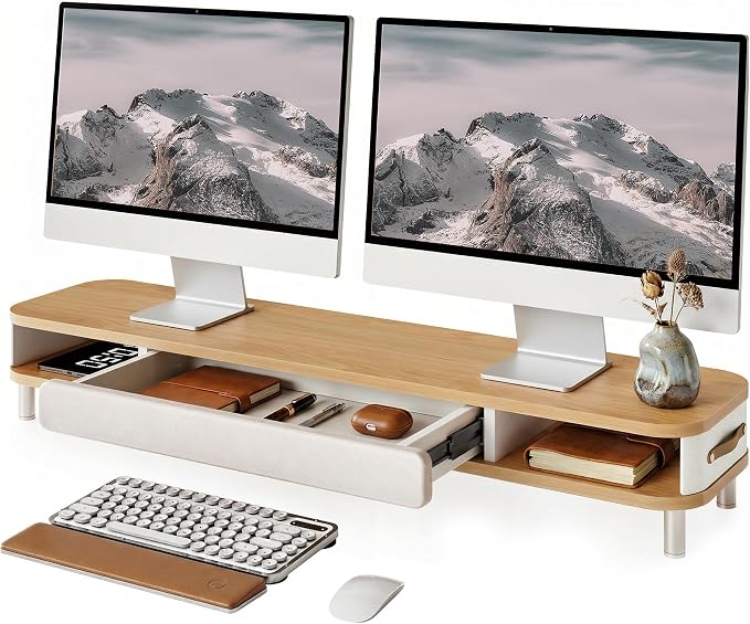 Fenge Dual Monitor Stand with Large Storage Drawer, 42.5" Dsek Shelf, Oak | Slide-Out Drawer with Soft Touch Leather, Ergonomic Monitor Riser, Aluminum leg, 2-Tier Desk Organizer for Laptop, TV, PC