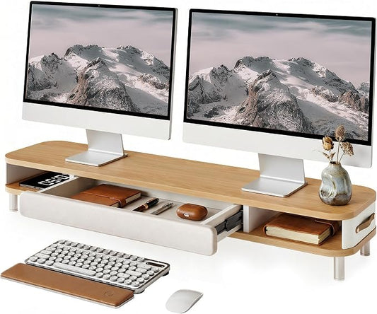Fenge Dual Monitor Stand with Large Storage Drawer, 42.5" Dsek Shelf, Oak | Slide-Out Drawer with Soft Touch Leather, Ergonomic Monitor Riser, Aluminum leg, 2-Tier Desk Organizer for Laptop, TV, PC