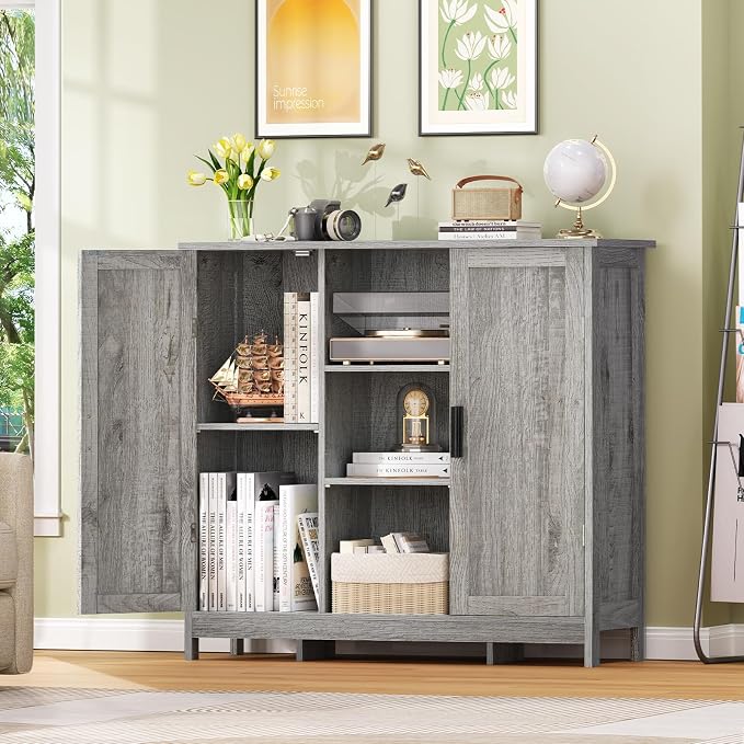 Iwell Storage Cabinet with 2 Doors and 4 Adjustable Shelves, Buffet Cabinet with Storage, Floor Cabinet for Living Room, Entryway, Kitchen, Rustic Gray