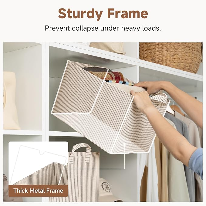 StorageWorks Storage Bins, Fabric Storage Bins for Shelves, Large Storage Baskets with Metal Frame, Closet Baskets and Bins with Handles, Khaki and Beige Stripes, 2-Pack