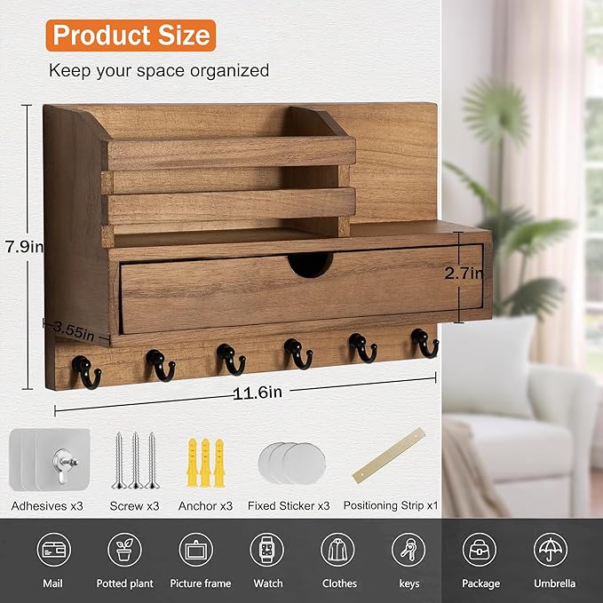 dreampossible Key and Mail Holder for Wall, Mail Organizer Wall Mount with 6 Hooks and Storage Drawer, Wooden Key Rack Hanger with Shelf for Entryway and Home Decor