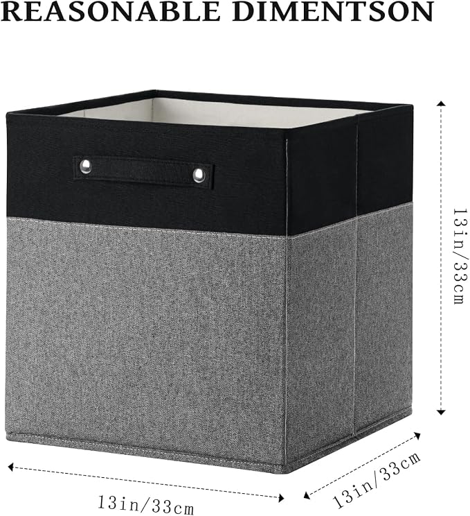 FinishingBo 13x13x13 Storage Cube Bins 6 Pack, Cube Shelf Baskets | Foldable Storage Cubes, Linen Storage Bins with Handles, Closet Organizers, Black/Gray