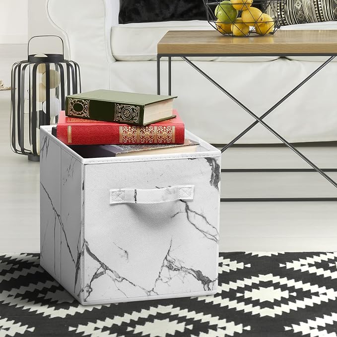 Sorbus Collapsible Storage Bins - 11" Sturdy Foldable Fabric Storage Cubes with Handle - 4 White Marble Organization and Storage Baskets for Organizing Pantry, Closet, Nursery, Dorm, Toy Storage