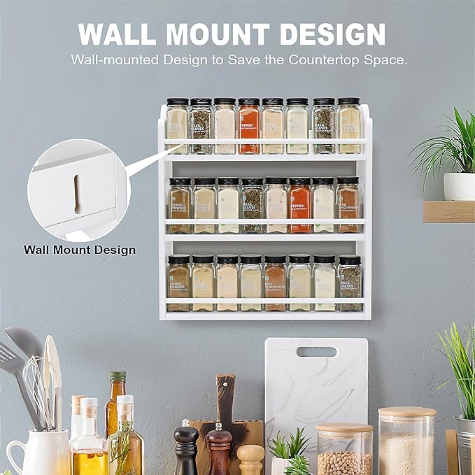 3 Tier Bamboo Spice Rack, Spice Rack Organizer, Seasoning Jars Rack Shelf Spice Organizer for Kitchen Counter or Wall Mounting, Spice Storage Holder with handles, Jars Not Included, White