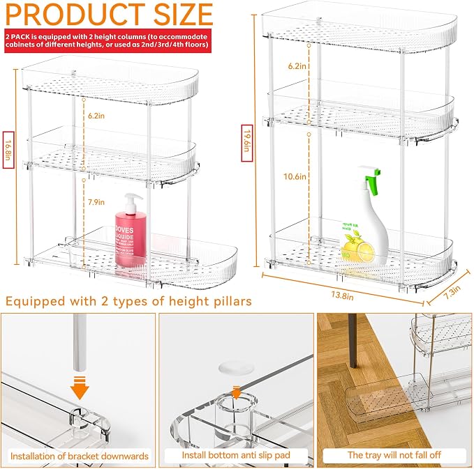 2 Pack 13.8″ Deep 3 Tier Under Sink Storage Organizer,Large Pull Out Bathroom Organizers and Storage,Slide Out Acrylic Undersink Storage Shelf,Kitchen Under Sink Organizer for Cleaning Products