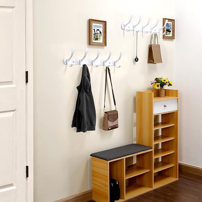SKOLOO Coat Rack Wall Mount White- Modern, Metal Wall Coat Rack with 5 Hooks, Sturdy Wall Mounted Coat Hooks for Hanging Coat, Jacket, Clothes, Hats