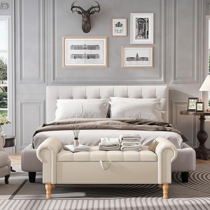 Apicizon 51” Bench with Storage, Faux Leather Ottoman Bench with Rolled Arm & Vintage Rivets, End of Bed Bench for Bedroom, Living Room, Entryway, Beige+Natural Legs