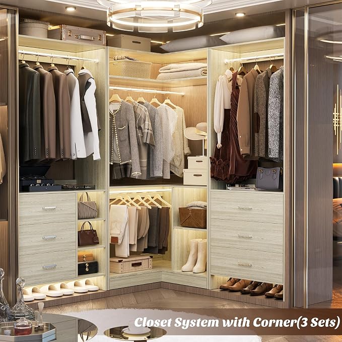 Aheaplus Corner Closet System with Shelves, 34’’ Closet Organizer System with Hanging Rods, Wood Walk-in Closets for Corner Small Space,Freestanding Corner Tower, L Shaped Garment Rack, White Oak