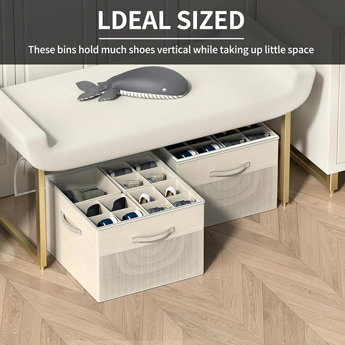 Shoe Organizer for Closet, Foldable Shoe Storage with Adjustable Dividers | Fabric Shoe Storage Organizer Box Bin with Adjustable Dividers and Clear Cover, Fits up to 16-32 Pairs