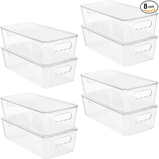Vtopmart 8pcs Clear Stackable Storage Bins with Lids | BPA-free food-grade PET, Stackable with Lids Included, Easy to Move, For Fridge Freezer Pantry Cabinet Kitchen Organization