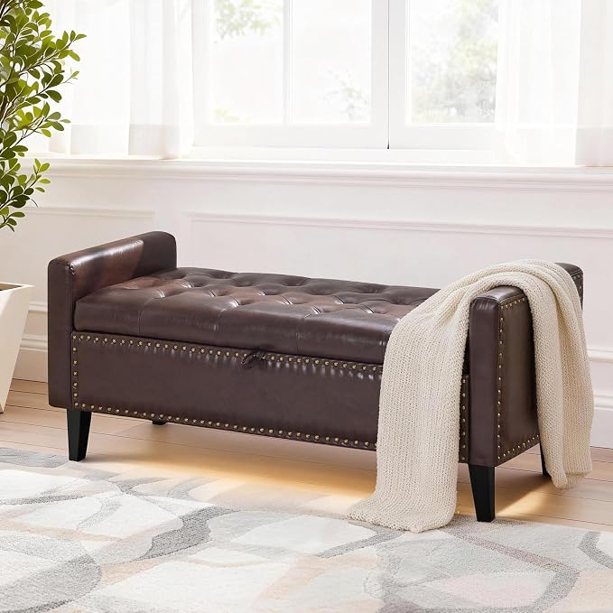47'' Leather Storage Ottoman Bench, End of Bed Storage Bench with Wooden Legs, Upholstered Tufted Ottoman with Storage for Bedroom, Living Room, Entryway, Dark Brown