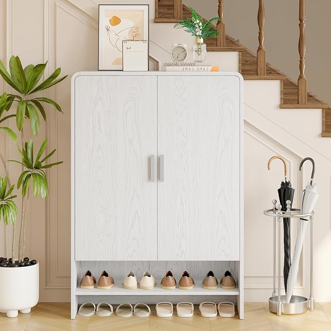6-Tier Shoe Storage Cabinet, 45'' Large Farmhouse Shoe Cabinet for Entryway, Modern Wooden Shoe Rack Organizer with Doors and Shelves, for Front Door Hallway (White)
