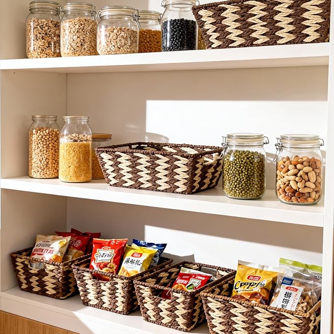 Paper Rope Storage Baskets for Shelves Organizing, Small Hand Woven Wicker Organizer Basket with Handle for Bathroom Toilet Paper Storage, Beige and Brown, 3-Pack