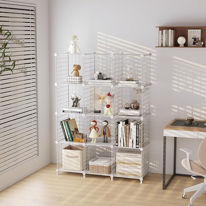 12-Cube Storage Organizer Metal Wire Shelf for Closet Office White | Sturdy 11.8" metal wire grid, modular snap-together, tool-free. Versatile for bedroom, closet, office, craft, entryway.