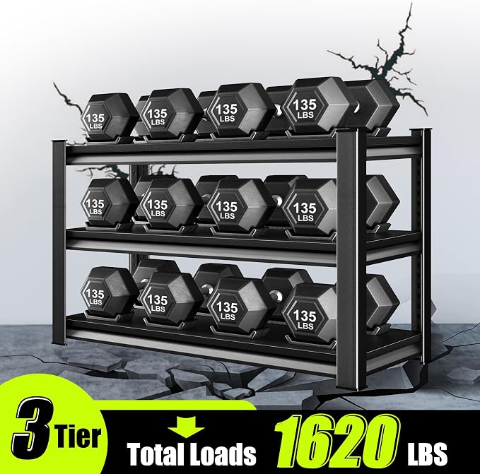 3-Tier Garage Shelving Heavy Duty,48”W x 18”D x 39”H Metal Shelving Unit，1620 lbs Weight Capacity Adjustable Storage Shelves for Retiple Tanks, Pantry, Garage，Black