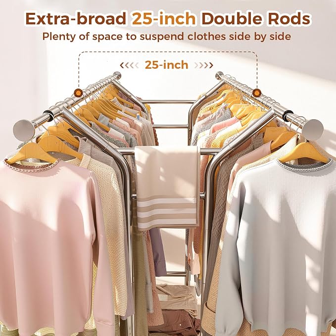 Luxspire Double Rod Clothing Racks for Hanging Clothes Load 650 LBS, Silver | Zinc-iron alloy frame, 2-tier sturdy shelves, lockable silent wheels, adjustable extendable rods for bedroom & laundry room
