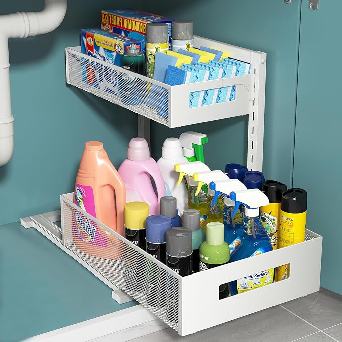 TISTAYA Pull-Out Under Kitchen Sink Organizer, Metal Functional Under Sink Organizer, Height Adjustable Under Bathroom Sink Organizer, Under Sink Storage for Kitchen Bathroom Cabinet (White)