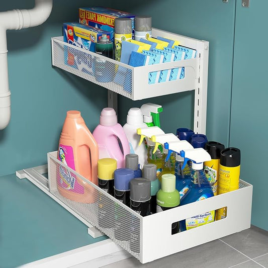 TISTAYA Pull-Out Under Kitchen Sink Organizer, Metal Functional Under Sink Organizer, Height Adjustable Under Bathroom Sink Organizer, Under Sink Storage for Kitchen Bathroom Cabinet (White)