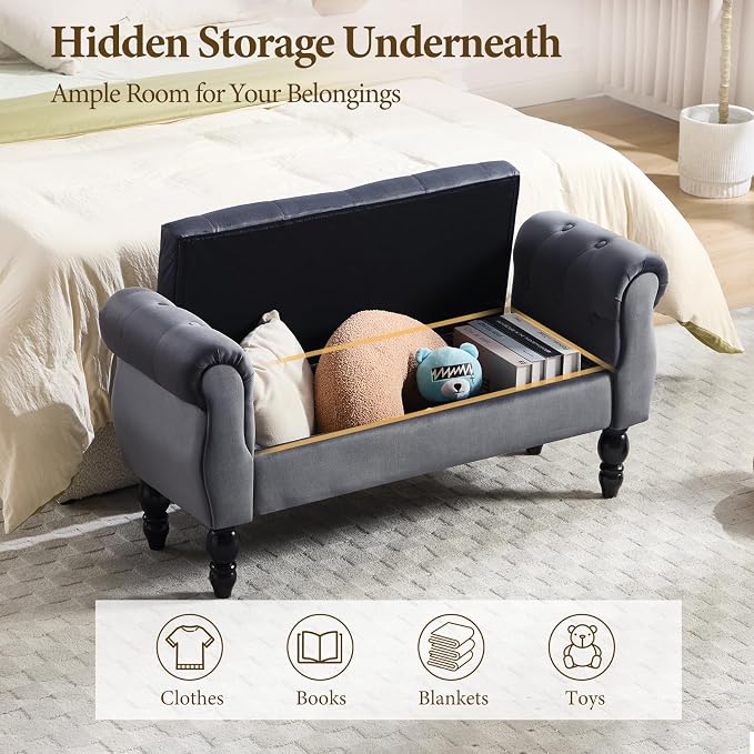 47″ Storage Bench with Arms End of Bed Bench,Velvet Entryway Bench with Storage, Button Tufted Upholstered Ottoman Bench Wood Legs, Window Sitting Bench for Bedroom/Living Room, Dark Grey