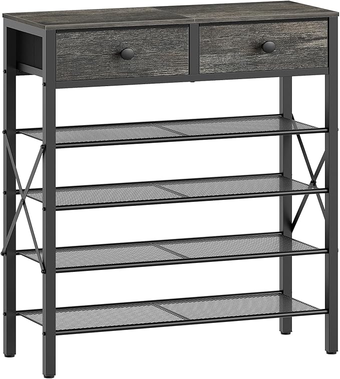 5 Tier Shoe Rack, Large Capacity Shoe Storage Organizer, Metal Shoe Shelf with Drawer and Wooden Top, for 20 Pairs of Shoes, for Entryway, Closet, Charcoal and Black SS25BCY1