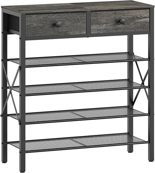 5 Tier Shoe Rack, Large Capacity Shoe Storage Organizer, Metal Shoe Shelf with Drawer and Wooden Top, for 20 Pairs of Shoes, for Entryway, Closet, Charcoal and Black SS25BCY1