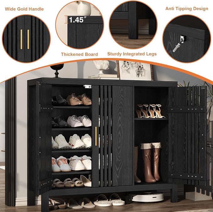 UNIQUITE Wooden Shoes Cabinet with 3 Doors and Adjustable Shelves, Retro Freestanding Shoe Organizer Cabinet for Entryway Hallway Living Room, 5-Tier Shoe Cabinet for 30 Pairs, Black