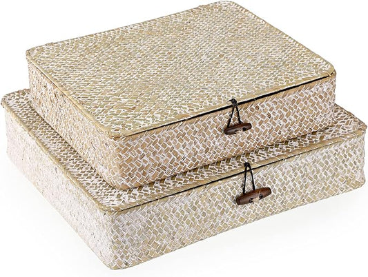 Hipiwe Set of 2 Flat Woven Wicker Storage Bins with Lid Natural Seagrass Basket Boxes Multipurpose Home Organizer Bins Boxes for Shelf Organizer (Whitewash)