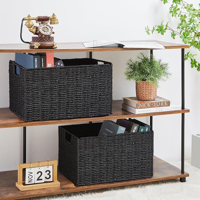 Vagusicc Wicker Storage Basket, Set of 2 Hand-Woven Paper Rope Wicker Basket, Small Storage Baskets for Organizing Toilet Paper Basket, Foldable Large Cube Storage Organizer Bins for Shelves (Black)
