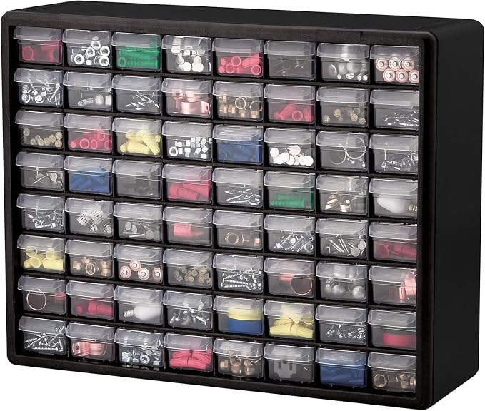 Akro-Mils 64-Drawer Plastic Storage Cabinet, 20-Inch W x 6-Inch D x 16-Inch H | Black | Model 10164 | Garage Organization